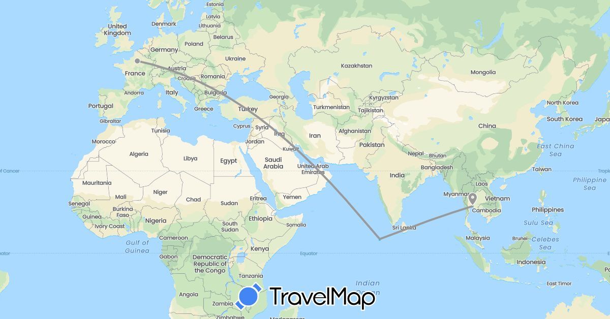 TravelMap itinerary: driving, plane, boat in France, Maldives, Thailand (Asia, Europe)